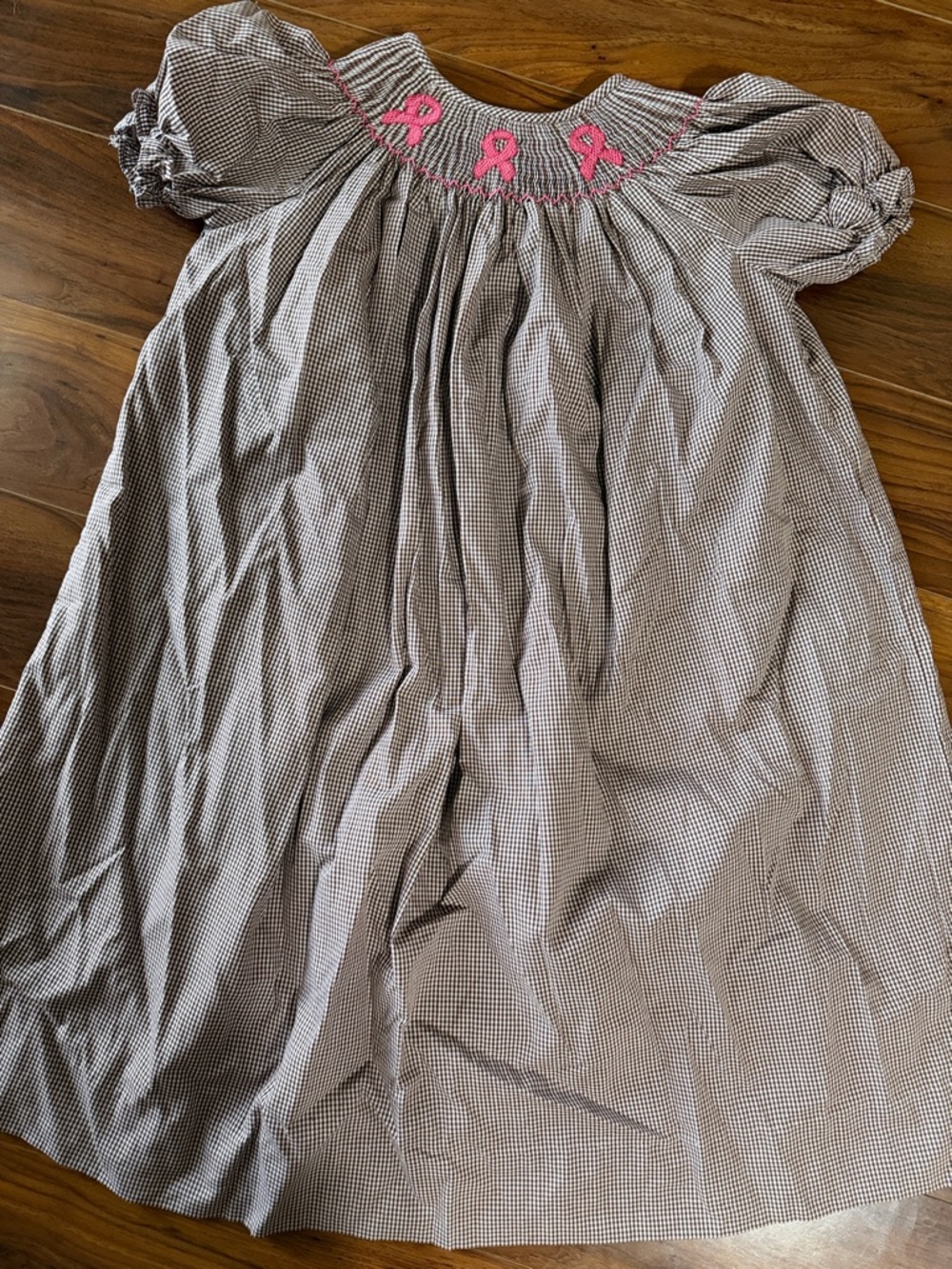 Girls Brown Gingham Smocked Dress with Pink Ribbon Accents